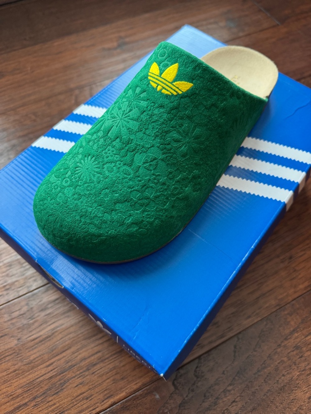 Adidas Green Embossed Floral Slide with Yellow Trefoil (Women’s)